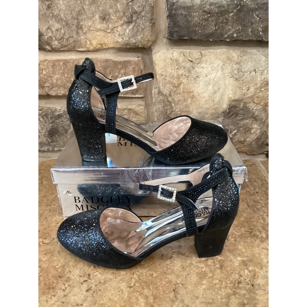 Badgley Mischka Big Girls Black Glitter Block Heel Dress Shoes‎ BM89859 Size 4